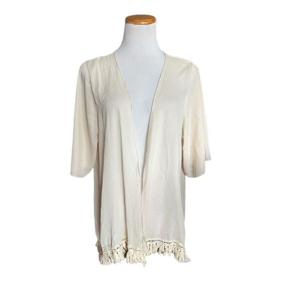 Womens Charlotte Russe Fringe Tassel Hem Trim Boho Poncho Kimono - Sz L - Picture 1 of 1
